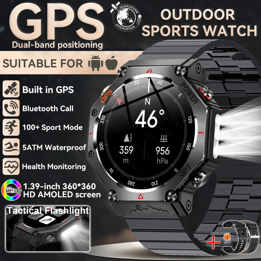 2026 New GPS Smart Watch Built-in Dual-band GNSS 10ATM&IP69K Waterproof AMOLED Compass Original Military Flashlight Smartwatches