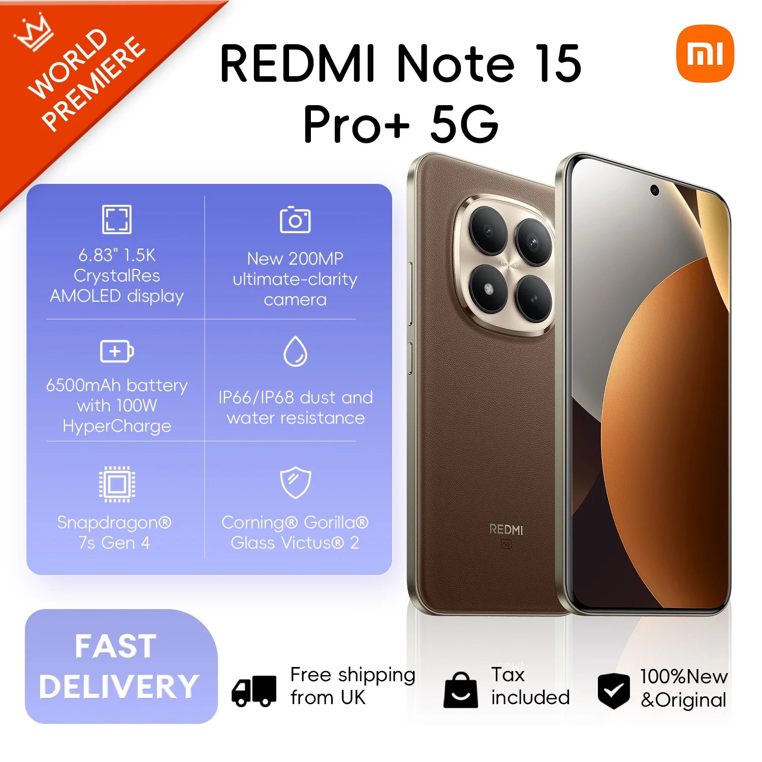 Xiaomi Redmi Note 15 Pro+ 5G, 12+512GB Global Version, Snapdragon® 7s Gen 4 6.83" 120Hz AMOLED Display 200MP Camera 6500mAh 100W