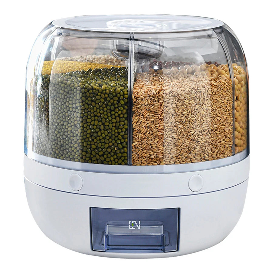 360° Rotating 6-Grid Food Dispenser - Airtight Kitchen Storage Container for Grains, Cereal & Dry Goods