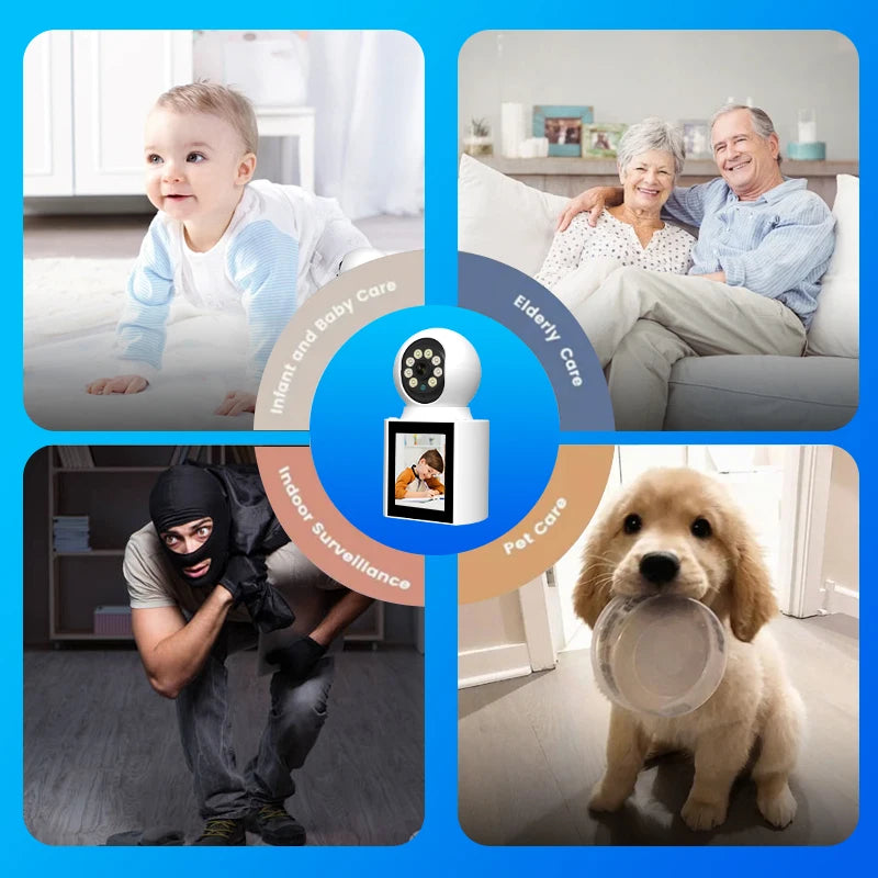 Ease Life App 3MP Video Calling Camera with Screen 2.4G Indoor Home Security Auto Tracking Nanny Baby/Elder/Dog/Pet IP Camera