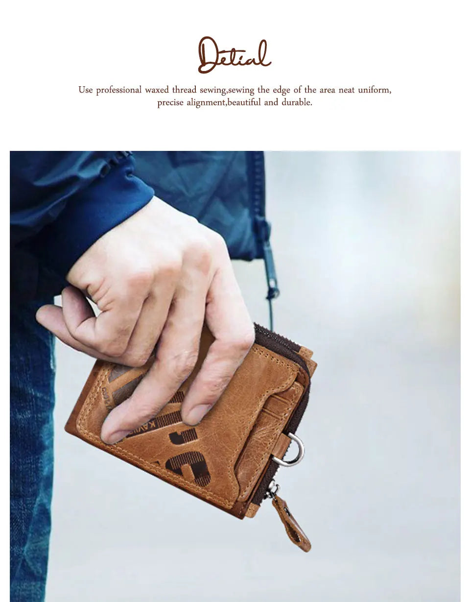 KAVIS Crazy Horse Leather Men Wallets Vintage Cowboy Travel Wallet Card Holder Fashion Coin Purse for Women with Extenal Cardbag