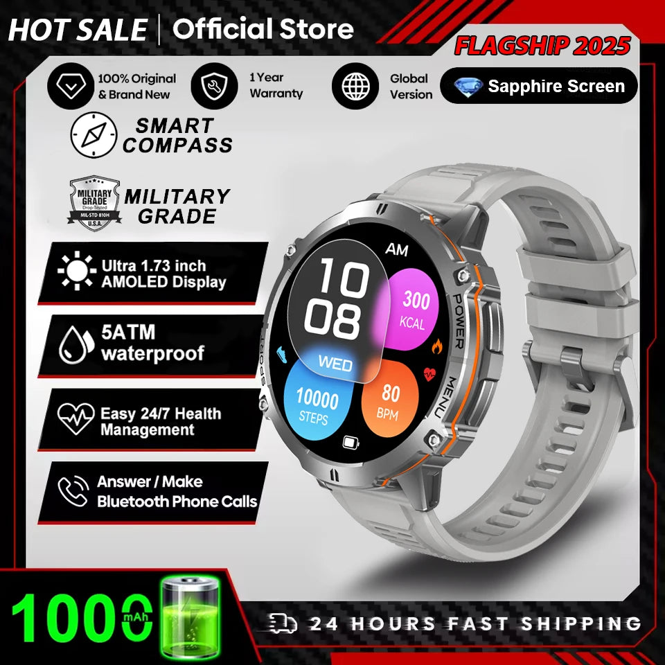 2026 Newly upgraded GPS Military Sports Smart Watch 1000mAh 1.7-inch AMOLED Compass Altimeter Call 10ATM Waterproof Sports Watch
