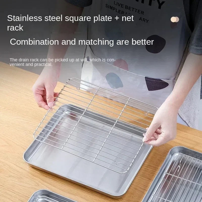 Flat Bottom 430 Stainless Steel Square Plate Oven Safe BBQ Grill Pan Drain Tray Oil Drip Rack Prep Plate for Roasting Grilling