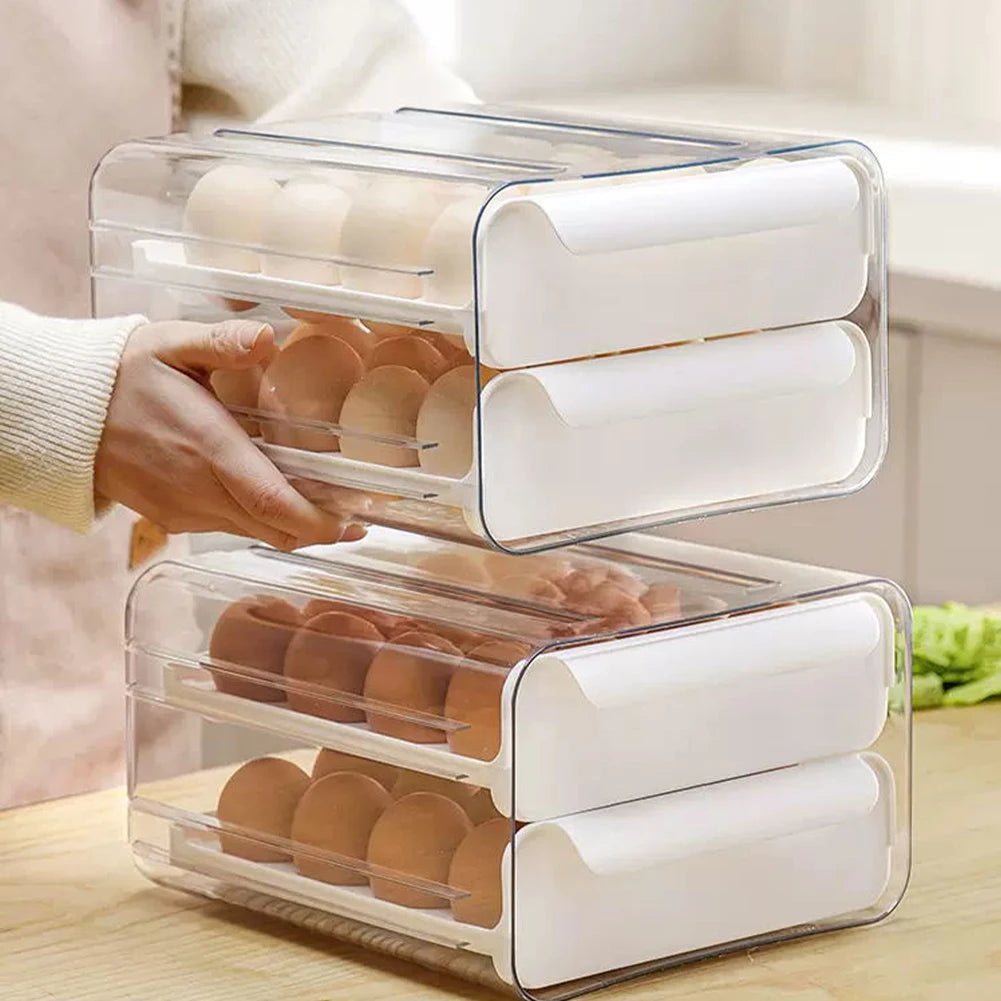 Double-Layer Egg Storage Drawer Box, Holds 32 Eggs, Transparent Body, Easy Access, White