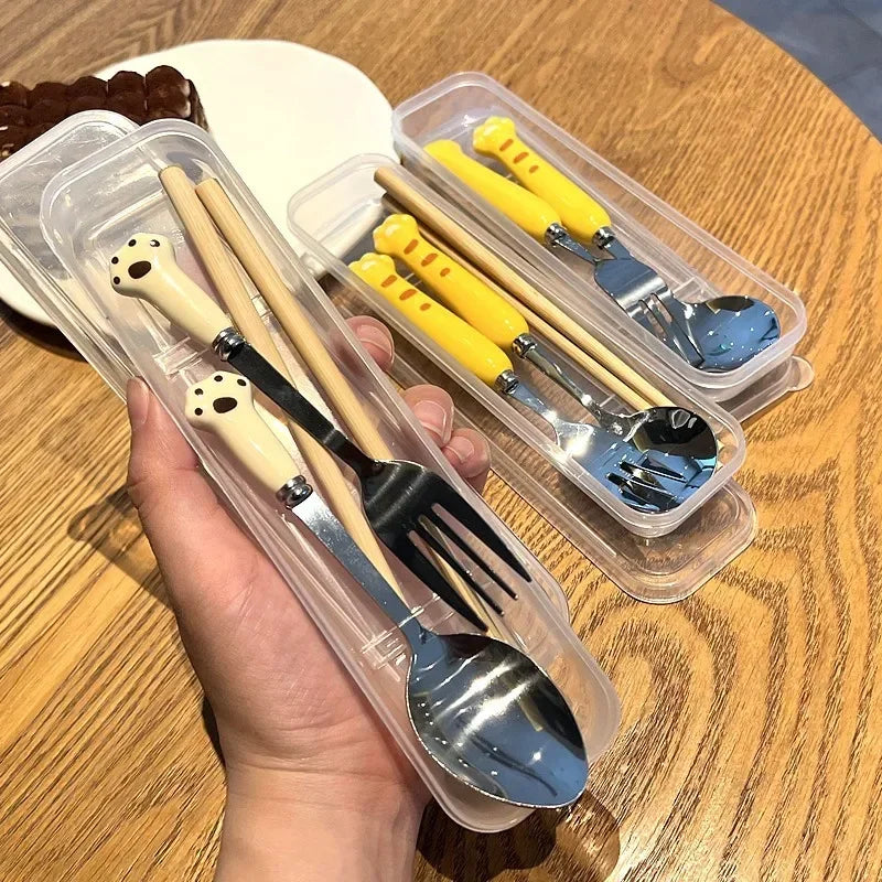 Children Cartoon Animals Cutlery Stainless Steel Spoon Fork Set Portable Outdoor Lunch Tableware with Box Kitchen Accessories