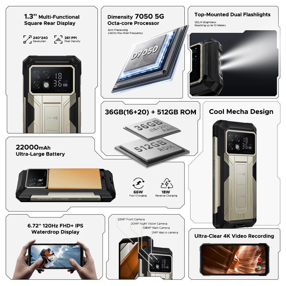 DOOGEE S200 Max 5G Rugged Phone 1.32" Rear Display Dual light Flashlight 16GB 512GB 22000mAh  6.72'' 120Hz Screen Smartphone NFC