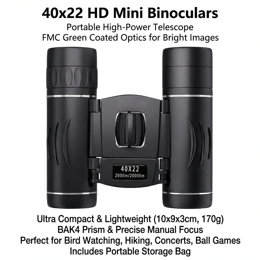 40x22 HD Binoculars BAK4 FMC Folding Mini Telescopic Sight Long Range 2000M for Hunting Sports Camping Travel