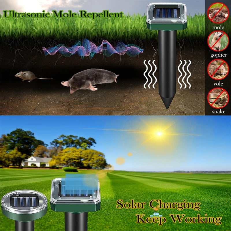 2Pcs Solar Outdoor Mole Groundhog Repellent Stakes Ultrasonic Gopher Repeller Vole Deterrent Waterproof Sonic Repellent Spikes