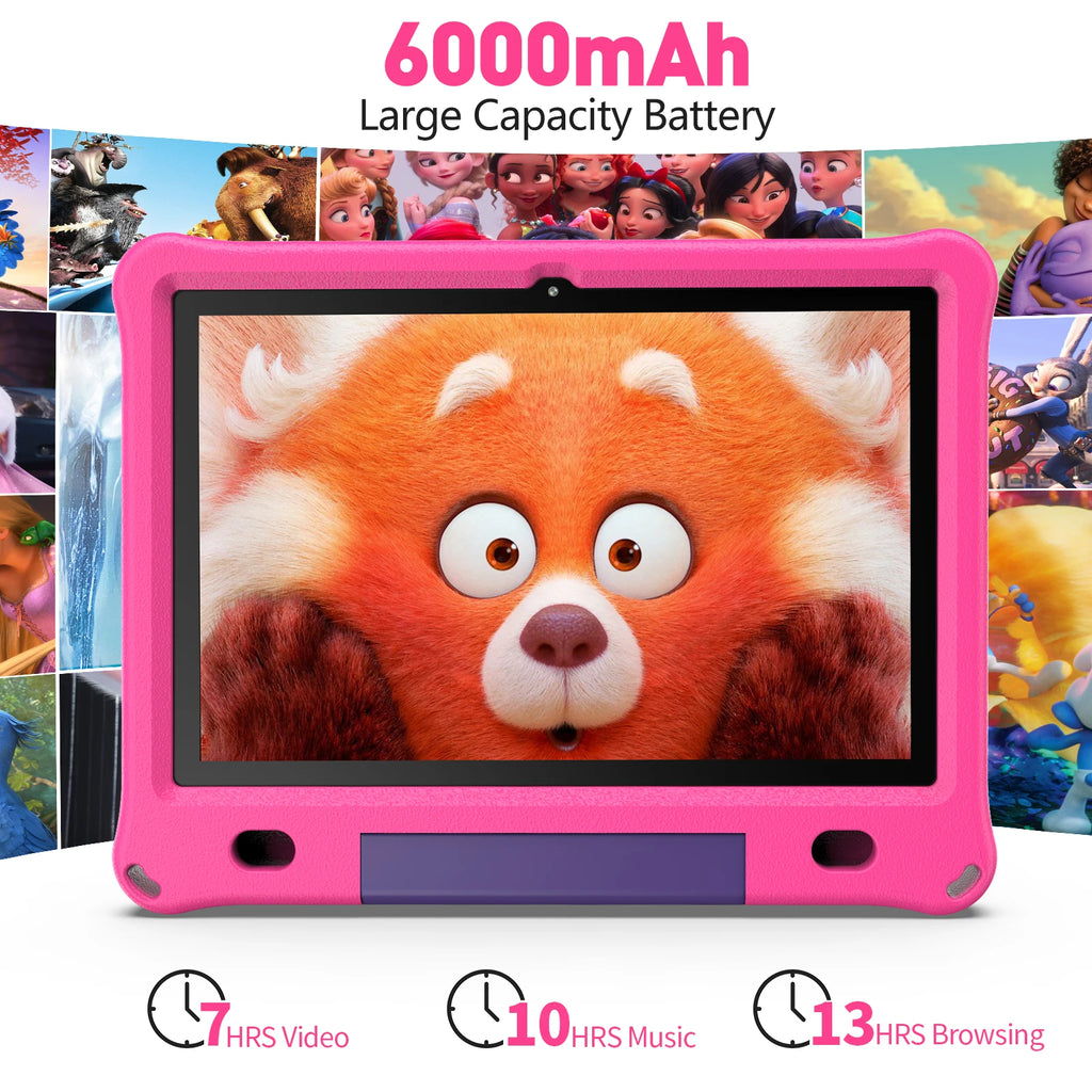 Pritom 10.1 Inch Kids Tablet Android 15 WIFI 6 Quad Core Processor 3GB RAM 64GB ROM YouTube with EVA Protective Case