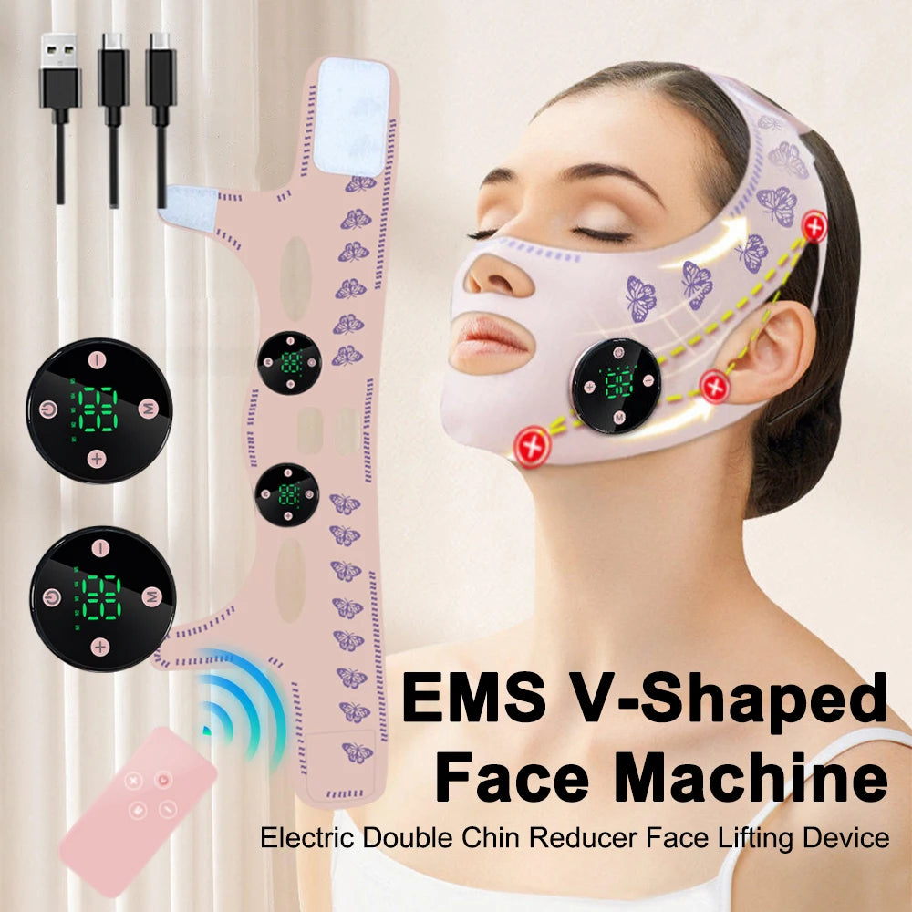 EMS V-Shaped Face Machine Double Chin Reducer, Electric Facial Massager Face Lifting Device with 5 Modes 19 Intensity Levels