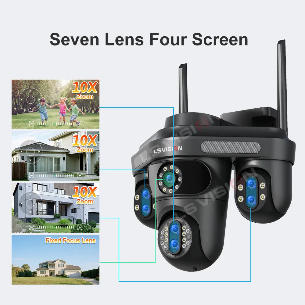 LS VISION 4 Screens 10X Zoom WiFi IP Camera 7Lens 35MP Outdoor Surveillance Camera 360 PTZ Auto Tracking Waterproof CCTV Cameras