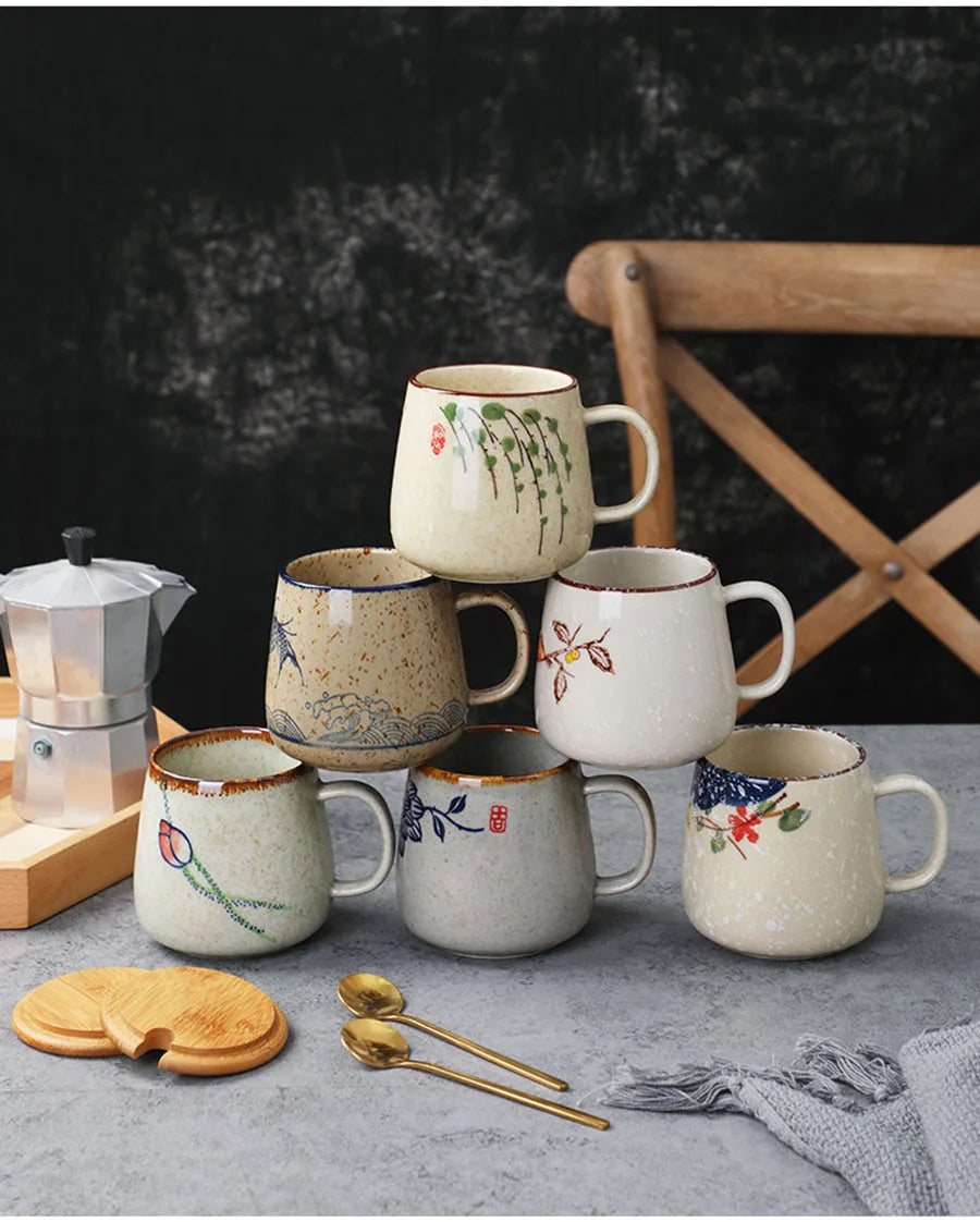 YWDL 350ml Japanese Ceramic Coffee Mug With Lid And Spoon Milk Breakfast Cups Home Heat-resistant Teacup Tumbler Water Mug Gift