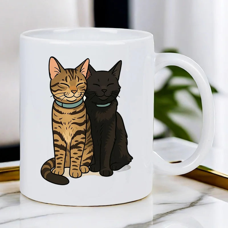 Cute Cat Duo Ceramic White Mug - Perfect Gift for Cat Lovers, Hand Wash Only, Reusable, Multipurpose Use, No Electricity Needed,