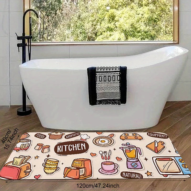 Cute Cartoon "KITCHEN" Appliances & Food Print Kitchen Mat, Non-Slip Washable Durable Runner Rug for Kitchen & Kids' Home Decor