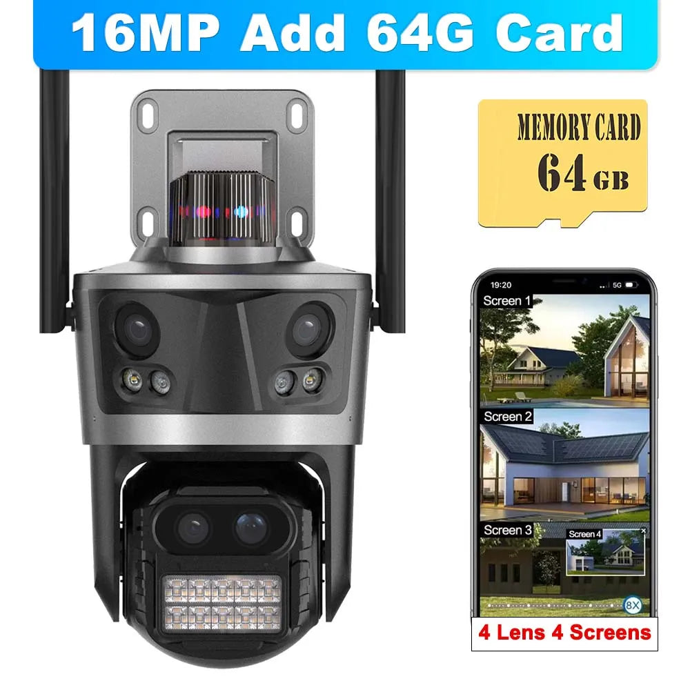 8K 16MP WiFi IP Camera 8X Zoom Four Lens Outdoor PTZ Security Camera Auto Tracking Smart Security Protection CCTV Video Camera