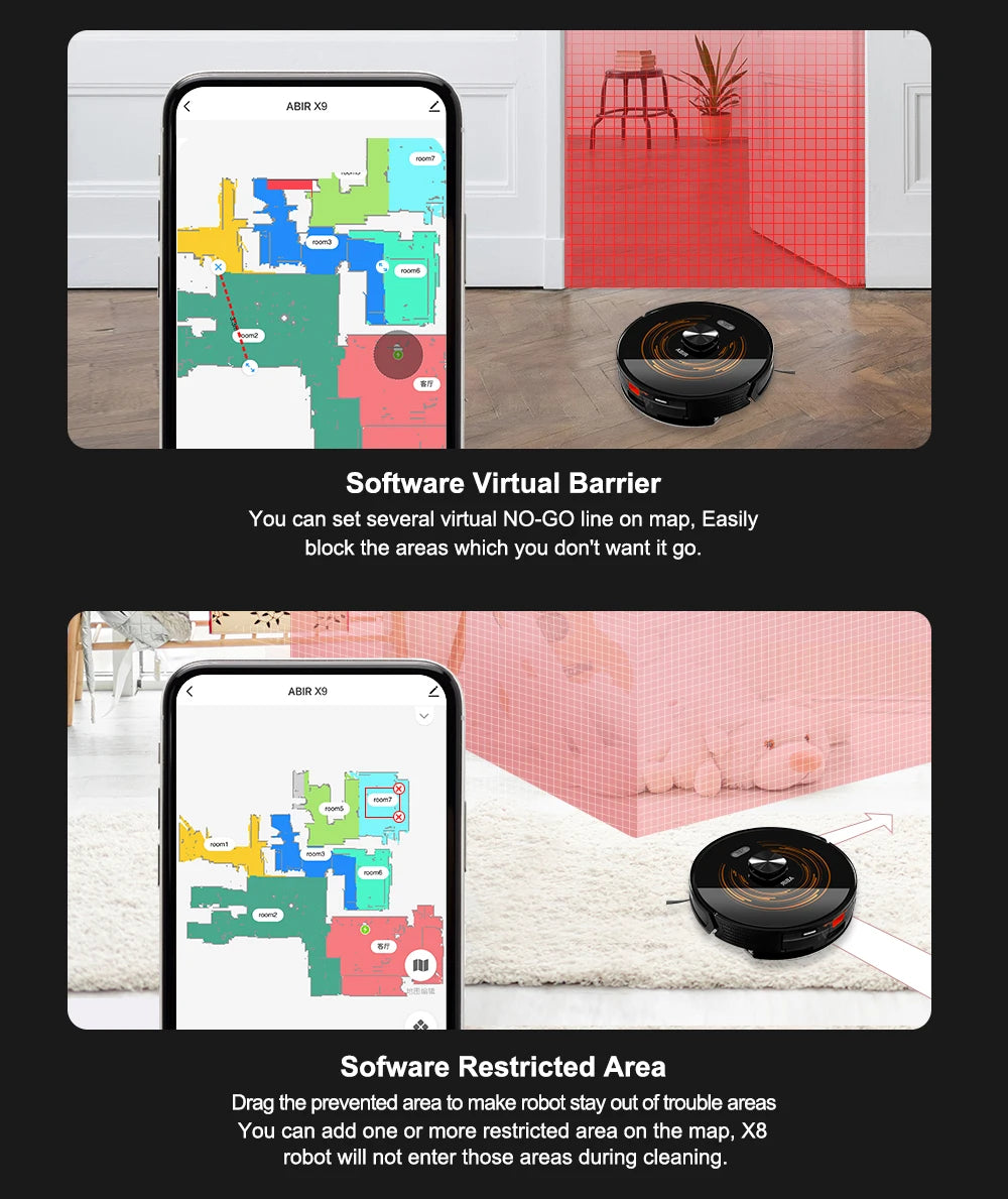 Robot Vacuum Cleaner ABIR X9,Laser Lidar,6500pa Suction,UV Cleaning, Multi-Floor Map,APP Restricted Area,Smart Home Wet Dry Mop