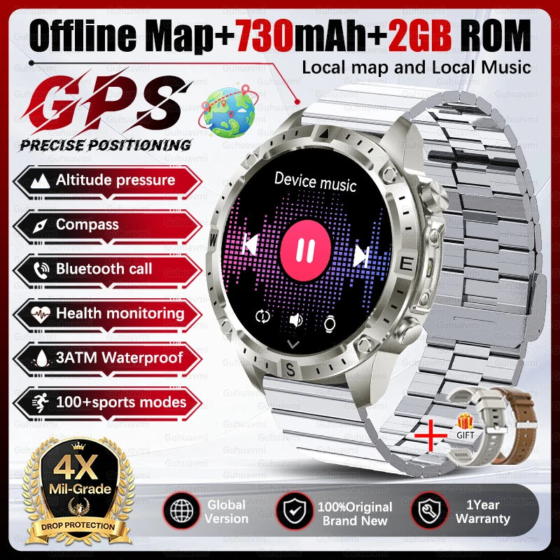 2026 Outdoor GPS Smart Watch Men 2GB ROM Offline Map 730mAh Battery 3ATM Waterproof Compass Altimeter Health Monitor Smartwatch