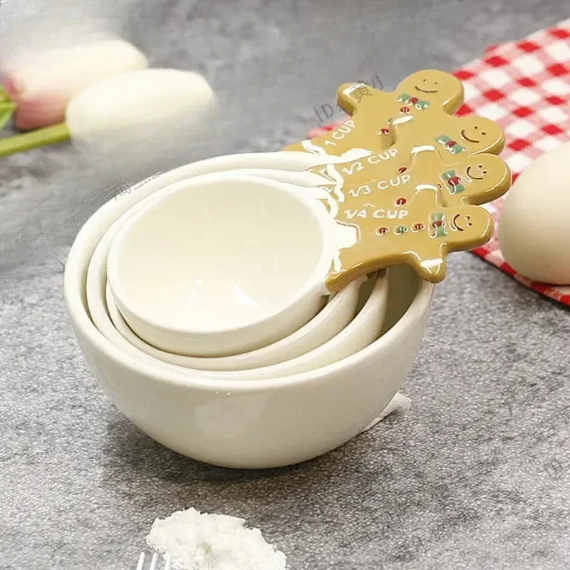 4pcs Christmas Measuring Spoons Set, 3D Hand-painted Ceramic Bowl Measuring Cup, Baking DIY Cake Flour Kitchen Accessories Gift