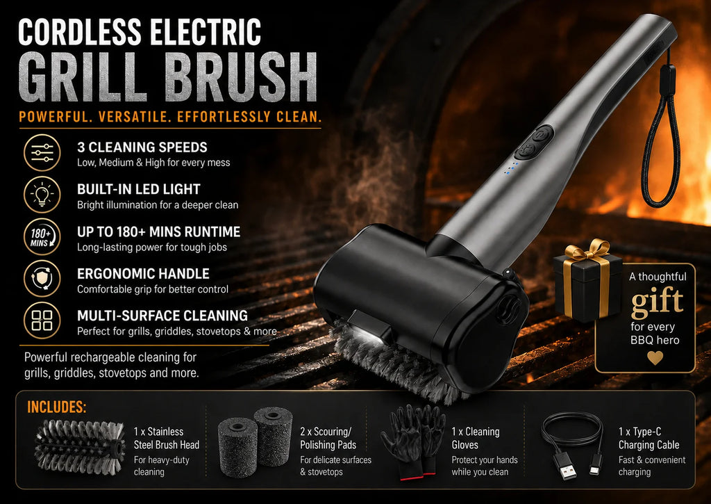 Electric Grill Brush, High Torque Grill Brush 3-Speed Modes，with 3 Brush Heads & Type-C Rechargeable for Barbecue Kitchen.