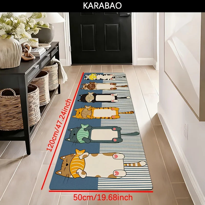 Cute Cartoon Cats & Fish Print Runner Rug, Non-Slip Washable Durable Mat for Kitchen, Laundry Room, Entryway & Kids Room