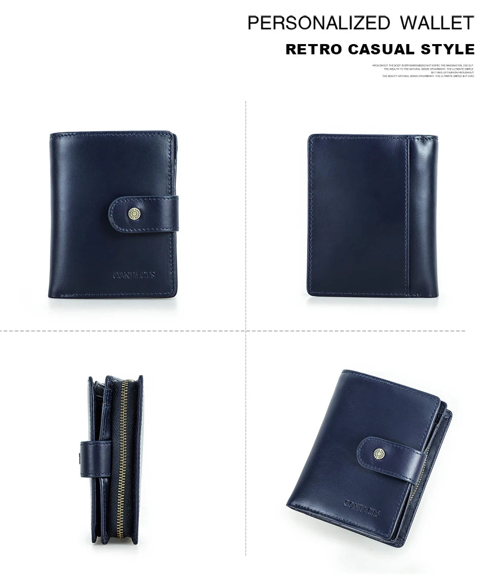 CONTACT'S Genuine Leather RFID Vintage Wallet Men With Coin Pocket Short Wallets Small Zipper Wallet With Card Holders Man Purse