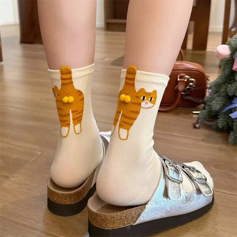 1/2pairs 3D Cute Cat Socks Black/White Funny Cat Socks Women Girl Mid-Tube Sleep Sock Cat Print Floor Sock