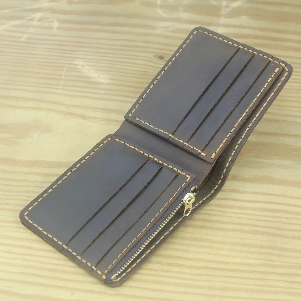 Luxury Handmade Genuine Leather Men Wallet Bifold Purse Male Wallets Short Money Clip Vintage Leather Money Bag with zip pocket
