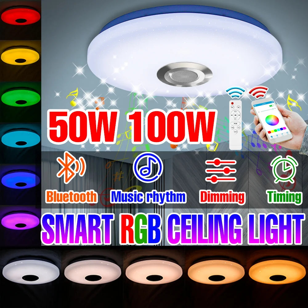 100W RGB LED Smart Ceiling Light AC100-240V Bluetooth Connection APP Remote Control Dimmable Chandelier With Speakers Music Lamp