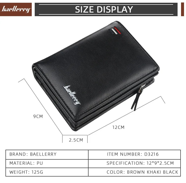 Baellerry Men PU Leather short Wallet With Zipper Coin Pocket Vintage Big Capacity Male Short Money Purse Card Holder