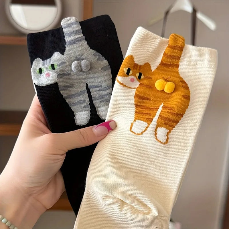 1/2pairs 3D Cute Cat Socks Black/White Funny Cat Socks Women Girl Mid-Tube Sleep Sock Cat Print Floor Sock