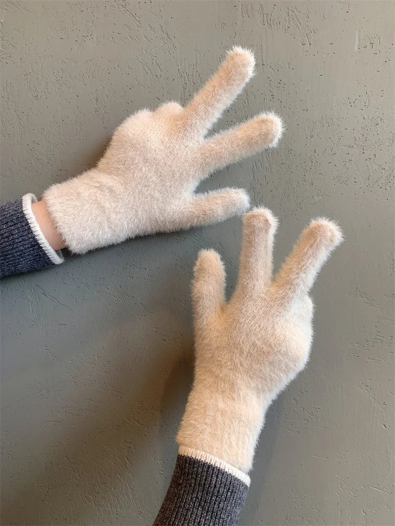Fashion Winter Mink Velvet Five Finger Gloves Plush Warm Cold-proof Gloves Women Outdoors Cycling Solid Color Wistiti Mittens
