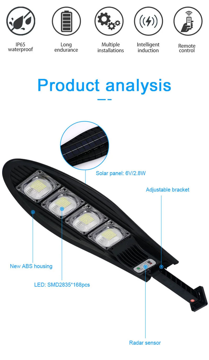 Solar Street Light Super Bright Outdoor Waterproof 168LED Lamp Motion Sensor 3 Modes Lighting Remote Control For Garden Gard