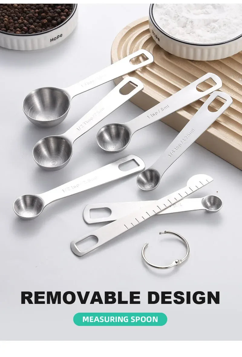 Stainless Steel Measuring Spoon 4/6/7/8 Pcs Set with Scale Measuring Ruler Spoons Coffee Baking Measuring Kitchen Tool Set
