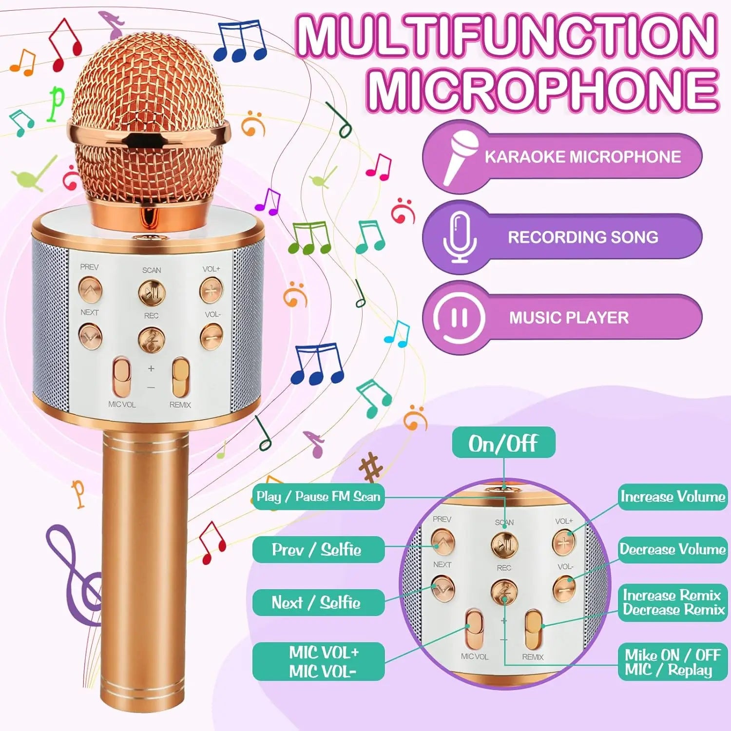Wireless Bluetooth Karaoke Microphone for Kids, 5-in-1 Portable Handheld Karaoke Mic Speaker Player Recorder with  FM Radio