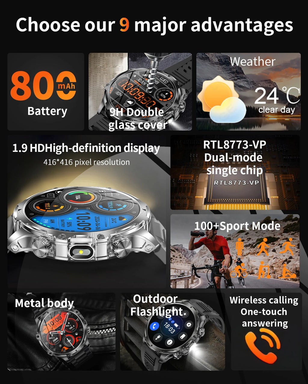 New 1000mah Long Standby AMOLED Smart Watch Men Sports Fitness LED Flashlight 3ATM Waterproof BT Call Smartwatch Men +GiFt
