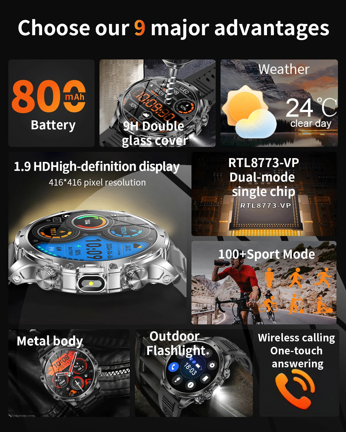 New 1000mah Long Standby AMOLED Smart Watch Men Sports Fitness LED Flashlight 3ATM Waterproof BT Call Smartwatch Men +GiFt