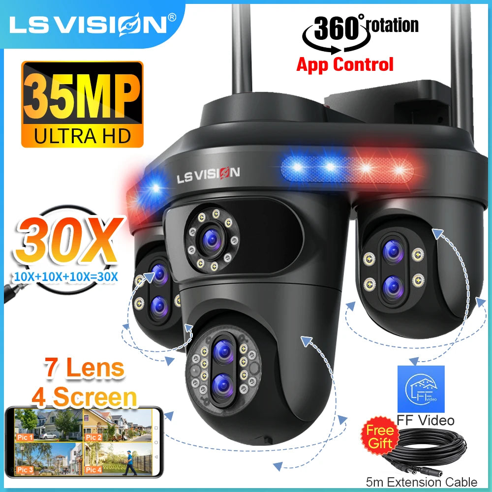 LS VISION 4 Screens 10X Zoom WiFi IP Camera 7Lens 35MP Outdoor Surveillance Camera 360 PTZ Auto Tracking Waterproof CCTV Cameras