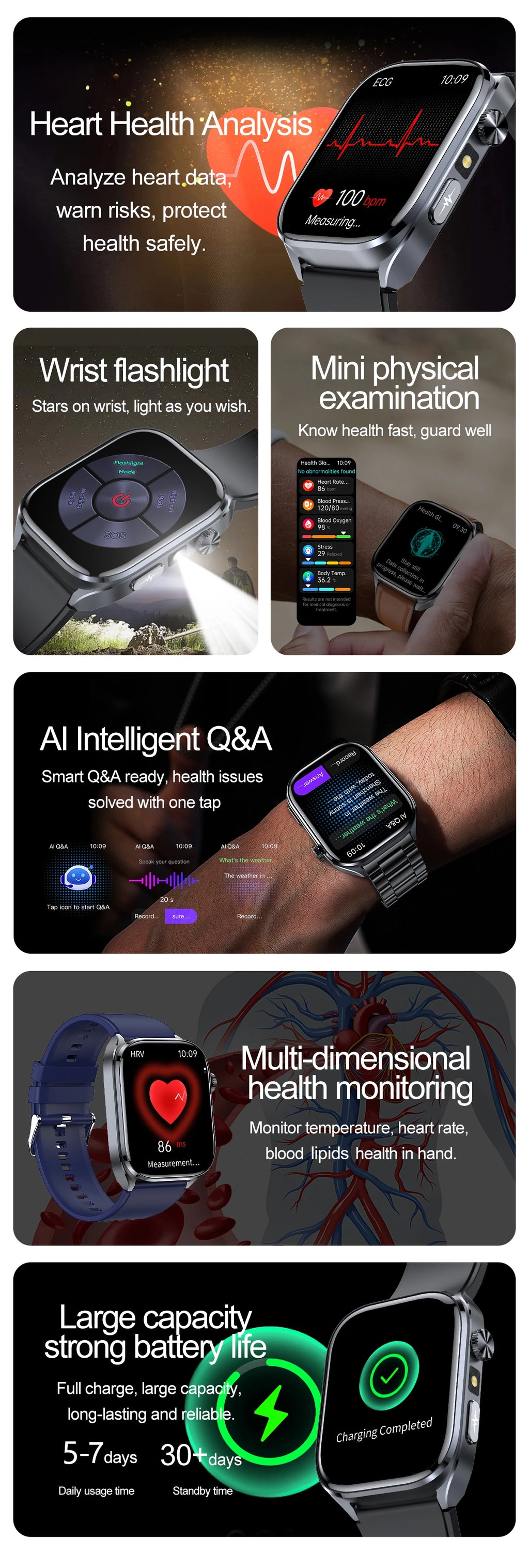 2026New Accurate Diagnosis Smart Watch ECG Blood Oxygen BP Uric Acid Lipids HD AMOLED Screen BT Call Health Smartwatch Men Women