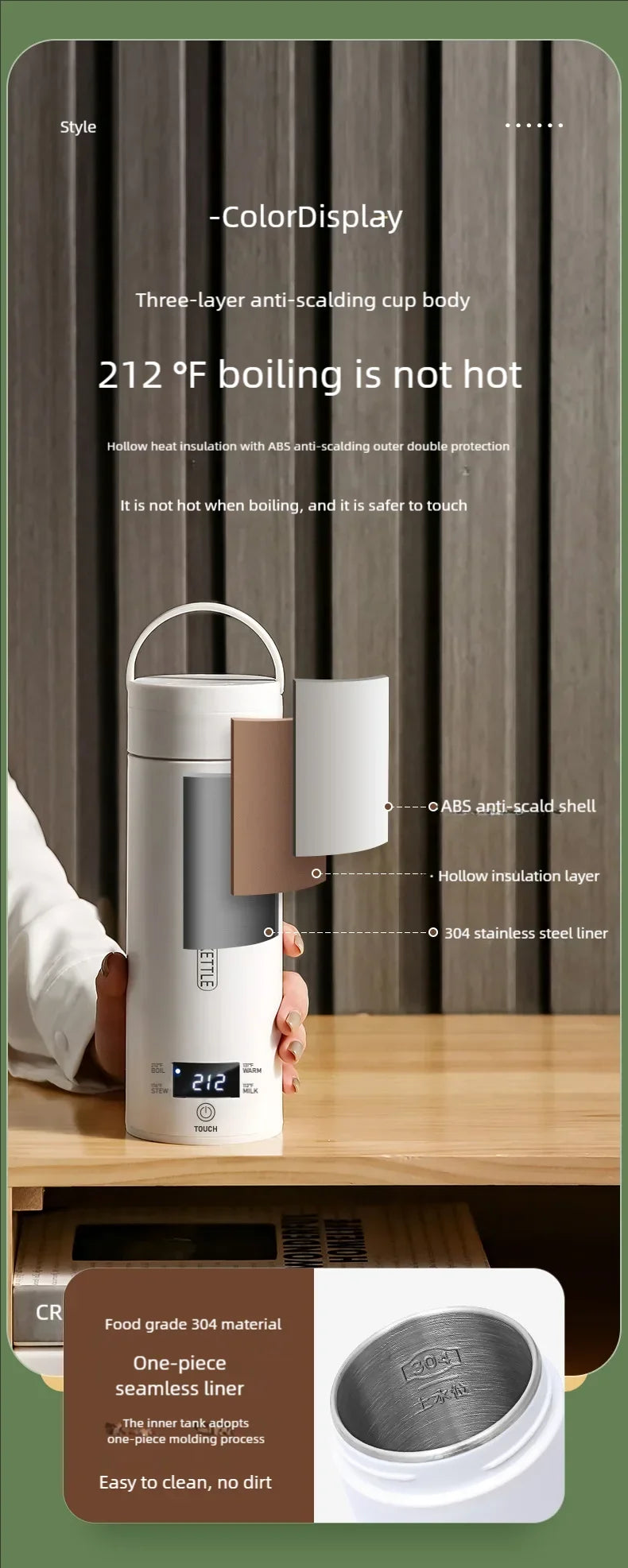 JFBONIN Electric Kettles Portable Tea Coffee Kettle Travel Boil Water Thermal Cup Anti-Scald Water Bottle English Menu