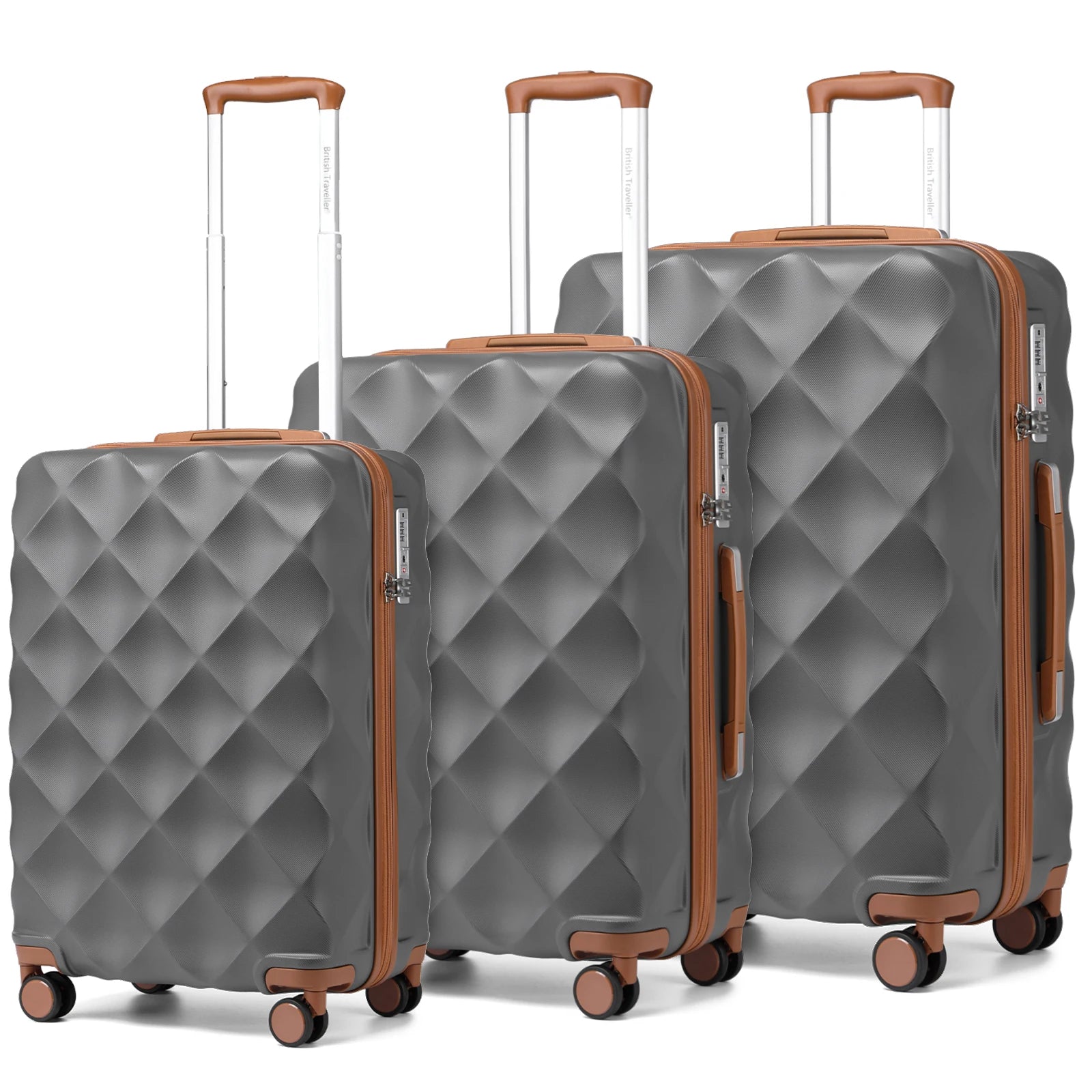British Traveller 20+24+28 Inch 3-Piece ABS+PC Hard Shell Luggage Set, TSA Lock Travel Suitcase with Silent 360° Spinner Wheels & Adjustable Aluminum Handle