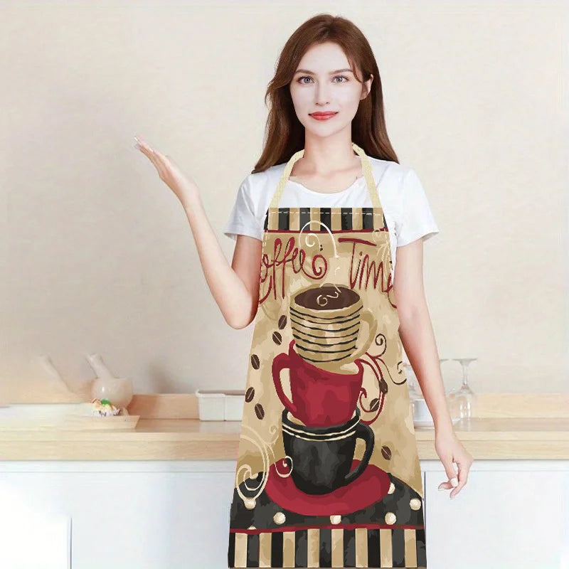 Coffee Time Apron, Stacked Coffee Cups Pattern, Vintage Cafe Theme Kitchen Cooking Bib, Multiple Sizes Available