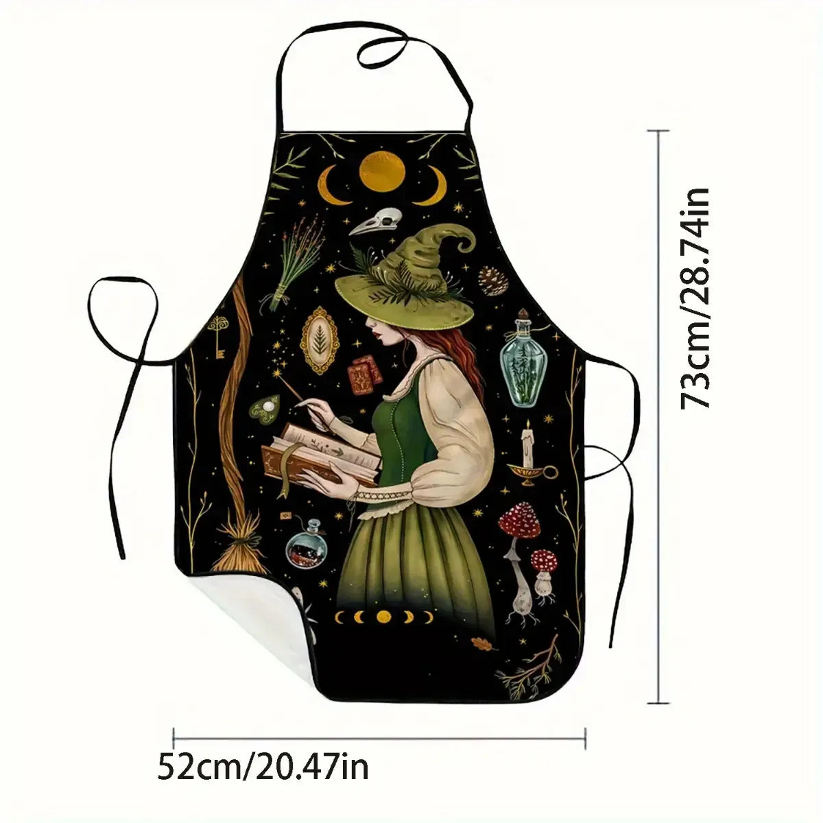 1pc Large Witch Reading Spellbook Apron - Gothic Witch Design with Magical Items Dark Green Black Kitchen Apron for Halloween