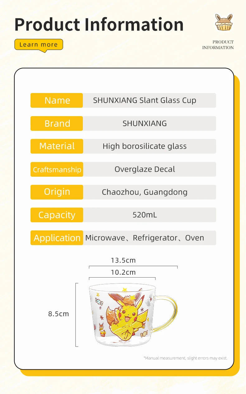 SHUNXIANG Pokémon Pikachu Glass Mugs Milk Cup Cute Drink Tableware Coffee Cup Kawaii  Transparent Water Cup with Handle Gift