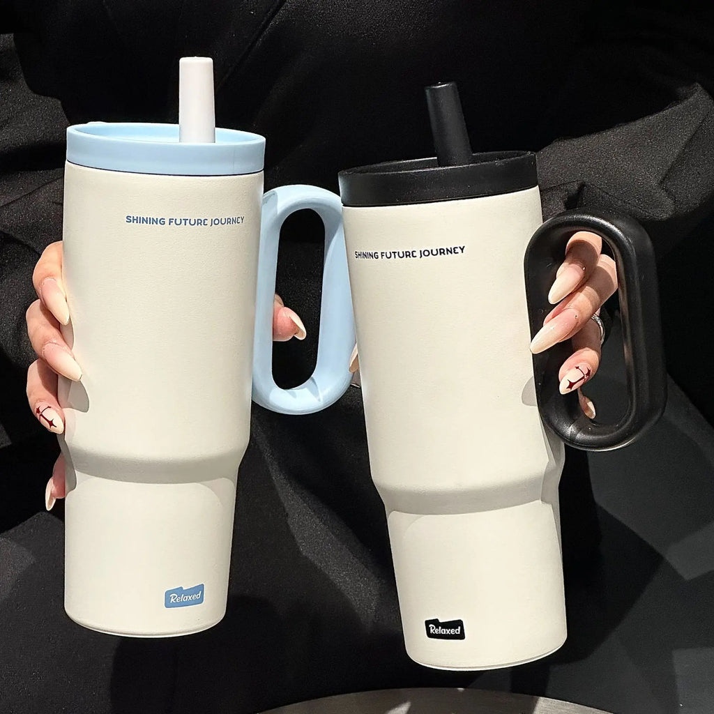 720ML Stainless Steel Thermos Cup with Straw & Handle Ice Coffee Drink Vacuum Insulated Cup Car Travel Outdoor Water Bottle