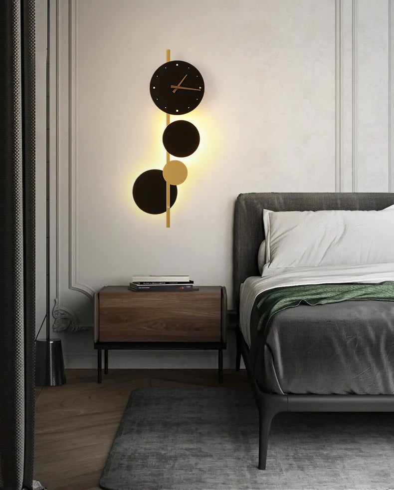 Nordic Creative  Acrylic Black Gold LED Clock  Wall Light Bedroom Dining Room Living Room Lighting Fixtures