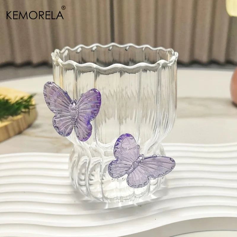 Handmade 3D Butterfly Glass Coffee Cup Elegant Striped Design with Cute Butterfly Pattern Reusable Comfortable Handle Gift
