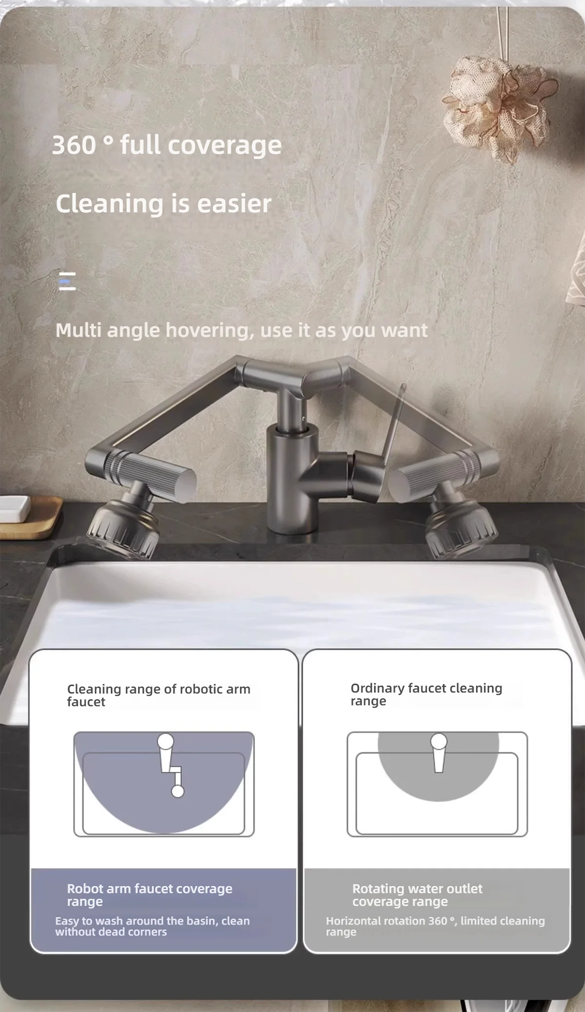 1080° Swivel Kitchen Sink Faucet Bathroom Sink Faucet Basin Faucet Multifunction Cold and Hot Water Tap