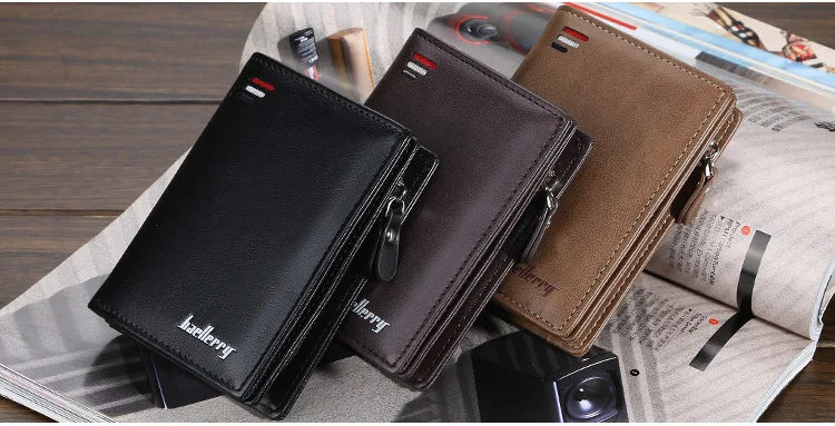 Baellerry Men PU Leather short Wallet With Zipper Coin Pocket Vintage Big Capacity Male Short Money Purse Card Holder
