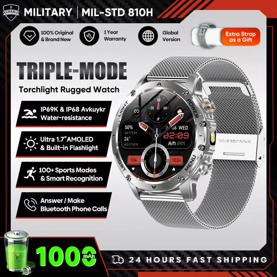 2025 New Military Grade Men 1000mAh Super Large Battery Smart Watch GPS 3ATM Waterproof Bluetooth Call Sports Fitness Smartwatch