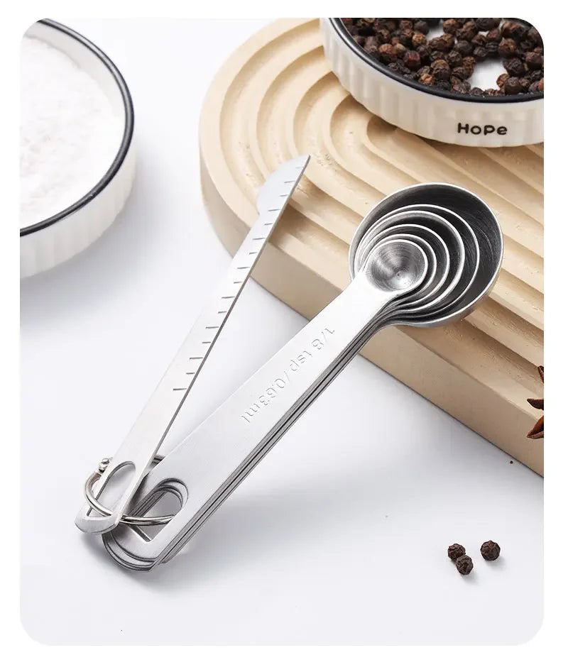 Stainless Steel Measuring Spoon 4/6/7/8 Pcs Set with Scale Measuring Ruler Spoons Coffee Baking Measuring Kitchen Tool Set